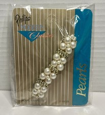 Vintage NOS Philips Faux Pearl/Gold Beads Gold Tone Metal Barrette 3.25" 36025