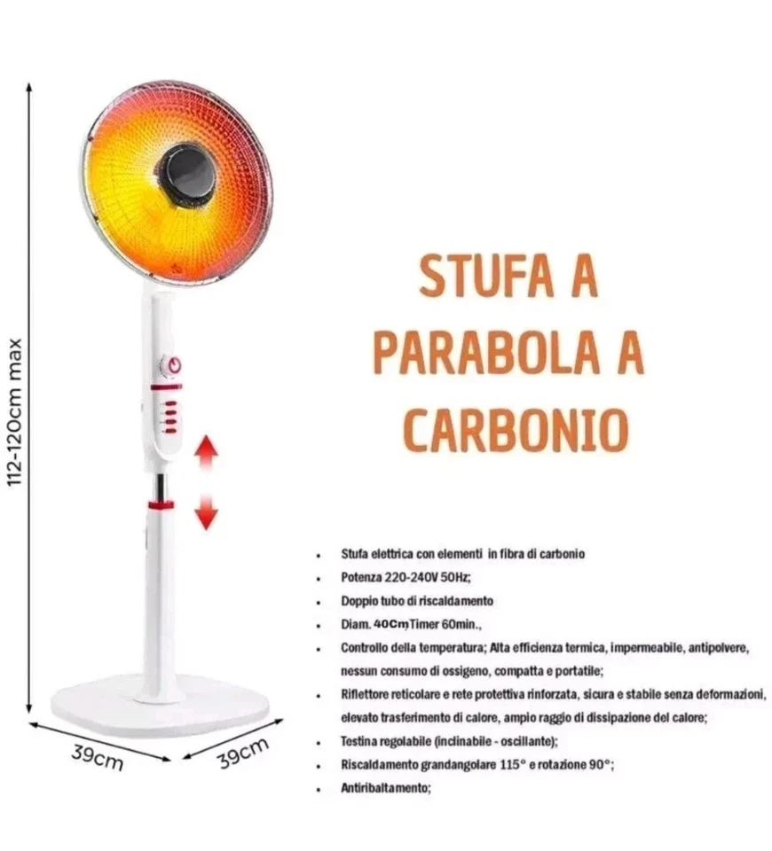Stufa al Carbonio a Piantana 1000 Watt Oscillante Bianco 2 livelli riscaldatore - Immagine 2 di 4