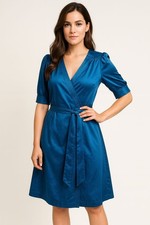 Leona Edmiston Dress Size 1 AU 10 Wrap Midi Short Sleeve Blue