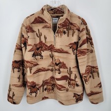 Old Navy Horse Print Sherpa Quarter Zip Pullover Mens Medium Tan Brown Pockets