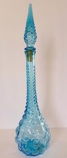 Vtg Empoli Style Teal Blue Glass/Graduated Hobnail Genie Bottle Decanter 22"/MCM
