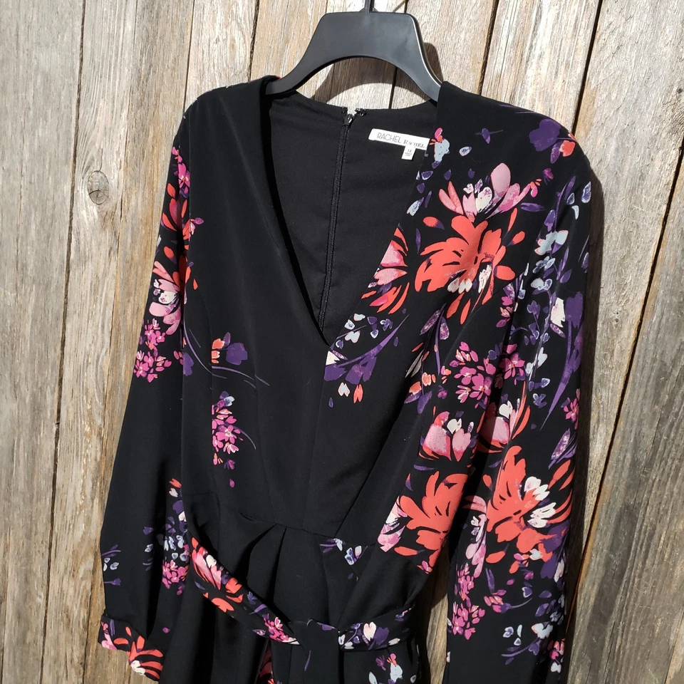 Rachel Roy 14 Women's Mini Dress Wrap Tie Belt Black Floral Long Sleeve V Neck - Image 3 of 4