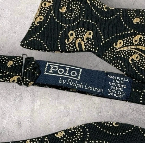 Pajarita de seda POLO RALPH LAUREN EE. UU. negra beige cachemira W:2,5" Foto 3 de 3