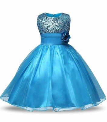 open lace back dress Girls Elegant Princess Dress, Blue / 6-7T