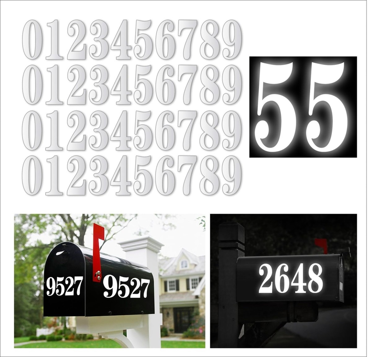 60 Pcs Reflective 2 Inch Adhesive House Numbers | Mailbox, Trash Can Decals For Outdoor Address Marking