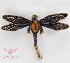 Brass Amber dragonfly Brooch IronWork