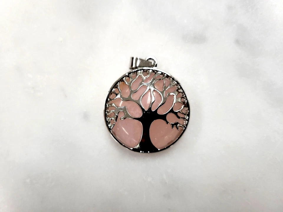 Colgantes de cuarzo rosa árbol de la vida enchapados en plata piedra natural para collares Foto 3 de 4
