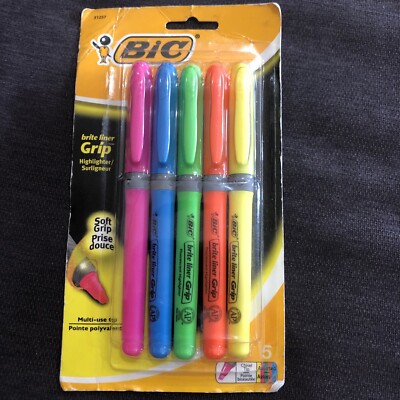 BIC Brite Liner Grip Highlighters, Chisel Tip, Assorted Colors, 5/Pack (31257)