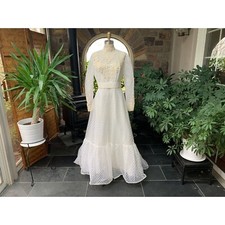 Vintage 1960s Ivory Bohemian Wedding Dress High Neck Polka Dot Tulle Lace Bodice