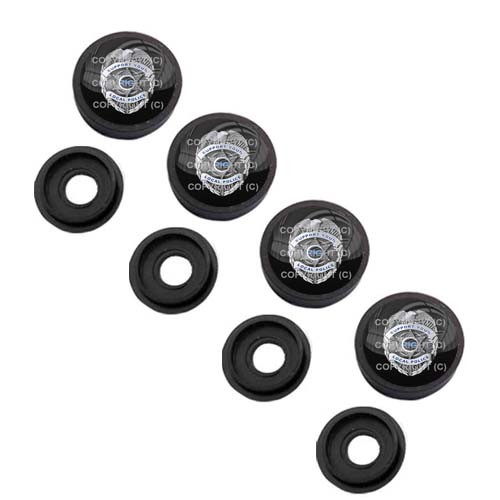 4 Black License Plate Frame Tag Screw Snap Cap Covers SUPPORT POLICE