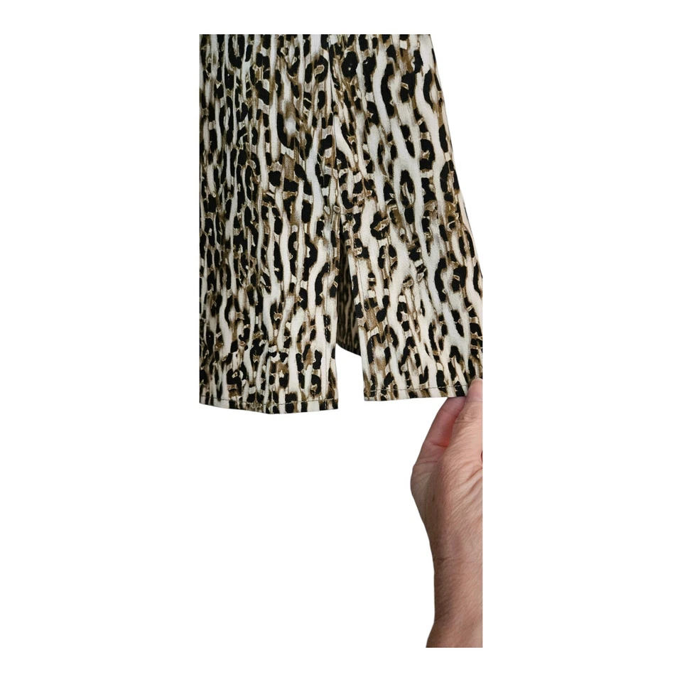 NY Collection Womens P/L Top Shirt Blouse Black Brown Leopard Roll Tab Button - Image 4 of 4