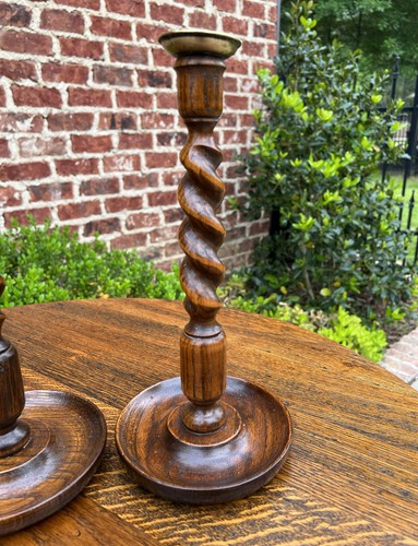 Antique English Barley Twist Candlesticks Candle Holders Oak PAIR 12.5" Tall - Picture 4 of 12