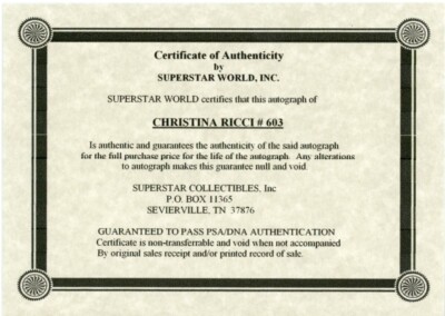 Christina Ricci 直筆サイン入りフォト COA ウェブ直販サイト