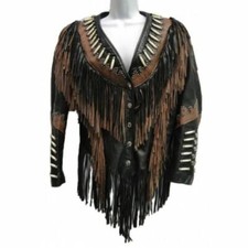 Women Western Cowgirl Suede Jacket Fringe Beads Bone Style
