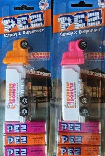 DUNKIN' DONUTS PEZ TRUCK / HAULER SET OF 2 - FROM 2016 - RETIRED - MINT ON CARDS
