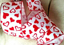 Red Glitter Hearts 2.5" by 5 yards White Wired Ribbon Valentine's Day Sweetheart