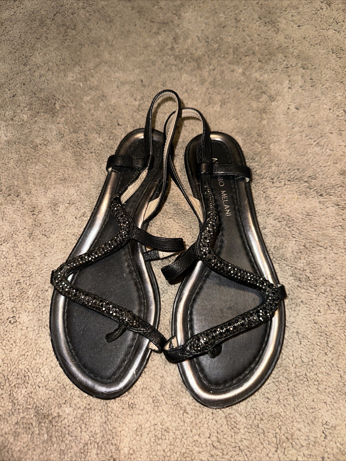 Antonio Melani Sandals Selma Snake Leather Rhinestone Flat Thong Black Size 7M