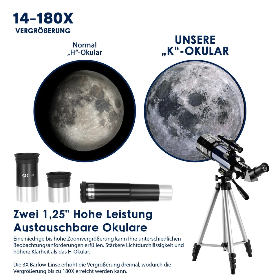 ESSLNB 180X Teleskop Astronomie Refraktor 3X Barlow-Linse Mit Stativ 70mm - Bild 3 von 4