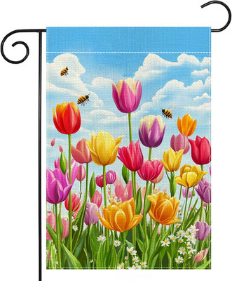 Spring Tulip Floral Garden Flag 12X18 Inch Double Sided Summer Bee Colorful Flow