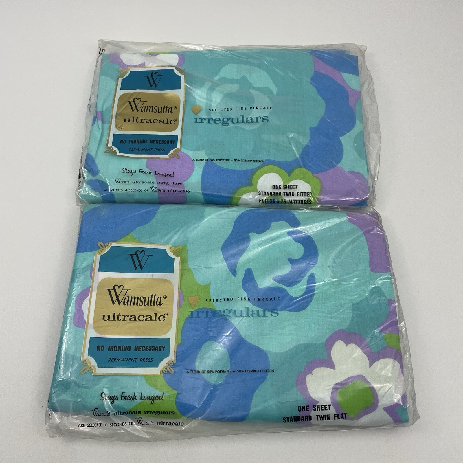 Vintage Wamsutta Ultrascale Percale Twin Fitted & Flat Sheets Blue/Green/Purple