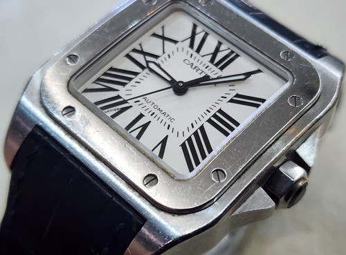 2878 Cartier Santos 100 Watch 33x44mm Midsize Steel White Dial...
