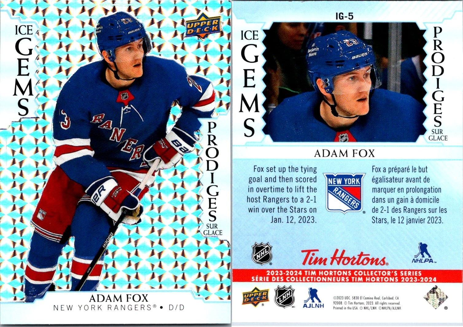 2023-24 Upper Deck Tim Hortons Ice Gems Adam Fox New York Rangers #IG-5