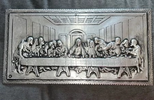 Heavy Sand-Cast Metal Last Supper Wall Plaque 3D Relief Silver Tone 13.5”x7”