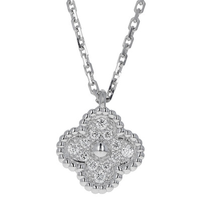 Van Cleef & Arpels 18k White Gold Pave Diamond Sweet Alhambra Pendant Necklace