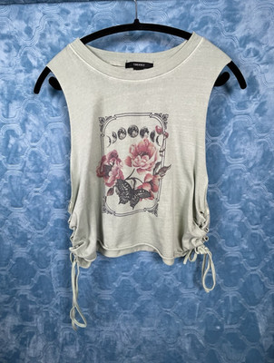 FOREVER 21 Women's Gray Floral Graphic Drawstring Crew Neck Sleeveless Top L