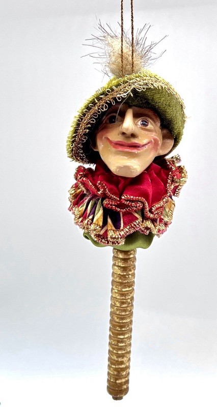 Court Jester Christmas Ornament Handpainted Folk Art Wooden Stick 7”