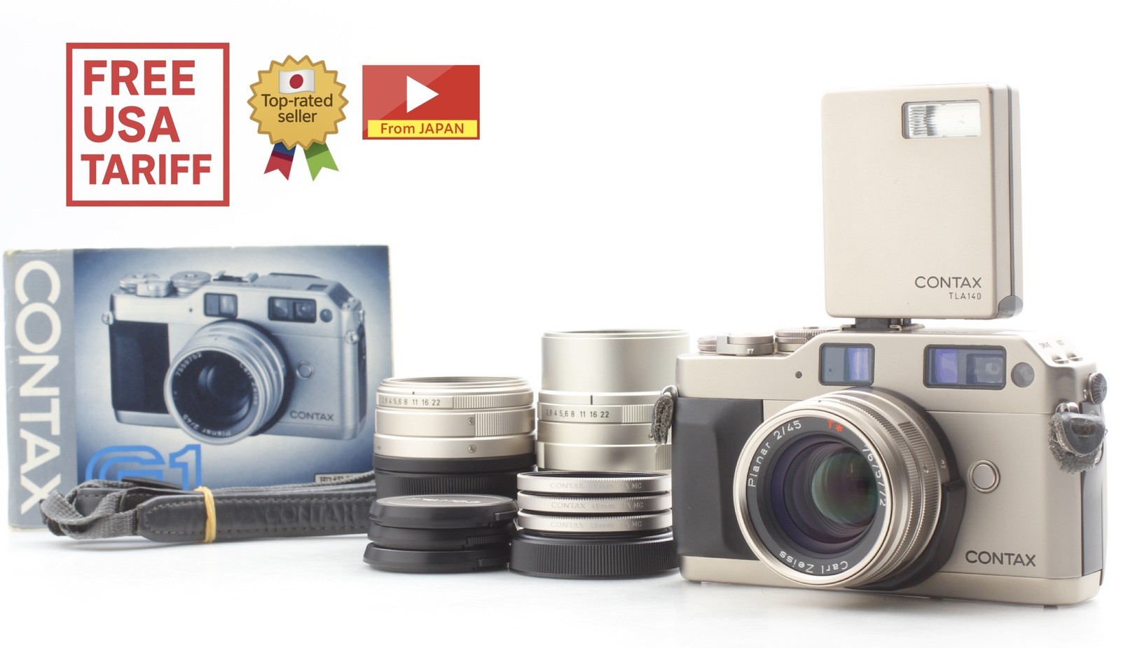 3 Lens Green Label[Top MINT] Contax G1 Film Camera 28 90 45mm TLA140 Flash JAPAN