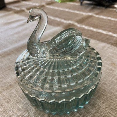 Vintage Jeanette Blue Colored Glass Covered Dish Powder Jar w Figural Swan Lid