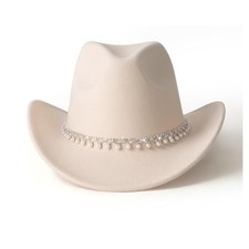 Pearl Hat Shiny Cowboy Wide Brim Womens Hat Party Hats Pearl Drop-beige