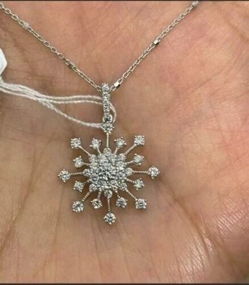1Ct Lab Created Diamond Round Snowflake Pendant 14k White Gold Finish Free Chain