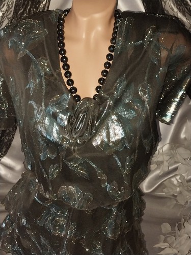 VTG 70s DISCO SILVER LAME LAYERS DRESS NEW SHINY SILKY BURLESQUE PARTY EVENING L - Picture 14 of 17
