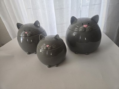 Set Of 3 BRT Ceramics Gray FAT CAT Canisters 8  Max,  7  COCO & 5.75  MARU Jars