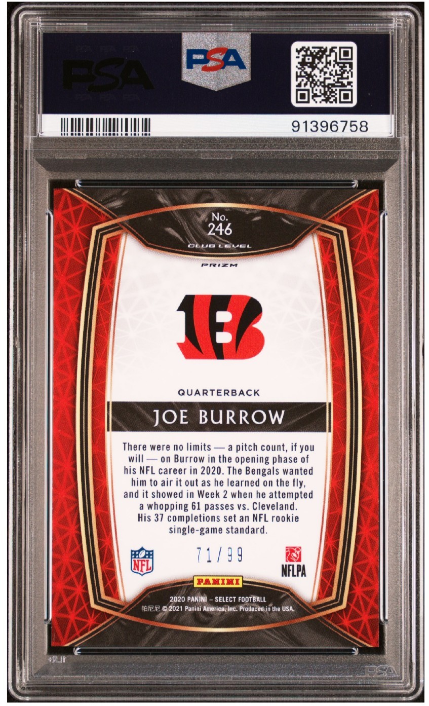2020 Select Joe Burrow #246 Tri-Color Prizm /99 PSA 9 Club Level RC Bengals view 2