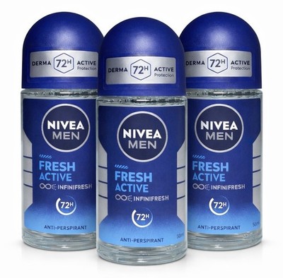 NIVEA MEN Fresh Active Roll On Deodorant 50ml Anti-Perspirant 72H 3 Pack