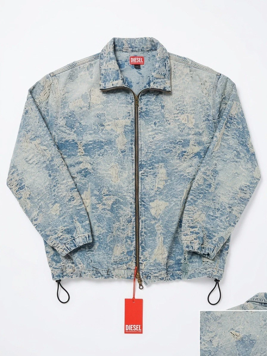 Diesel Men's L Distressed Blue Denim Cotton Full Zip Short Jacket Point Collar image 1