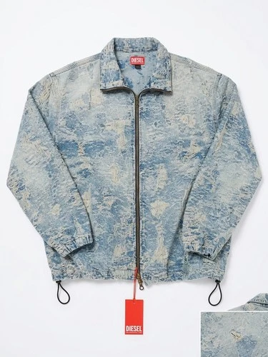 Diesel Men's L Distressed Blue Denim Cotton Full Zip Short Jacket Point Collar - product listing photo