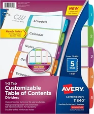Ready Index(R) Customizable Table of Contents Multicolor Dividers 1-5 Tab - 5EA
