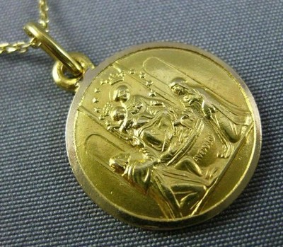 ESTATE 18KT YELLOW GOLD HANDCRAFTED ITALIAN BAPTISM SOLID PENDANT & CHAIN #25017