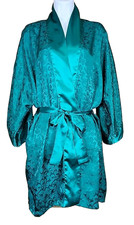 Vintage Victorias Secret Womens Emerald Green Satin Robe OS Floral Gold Label R2