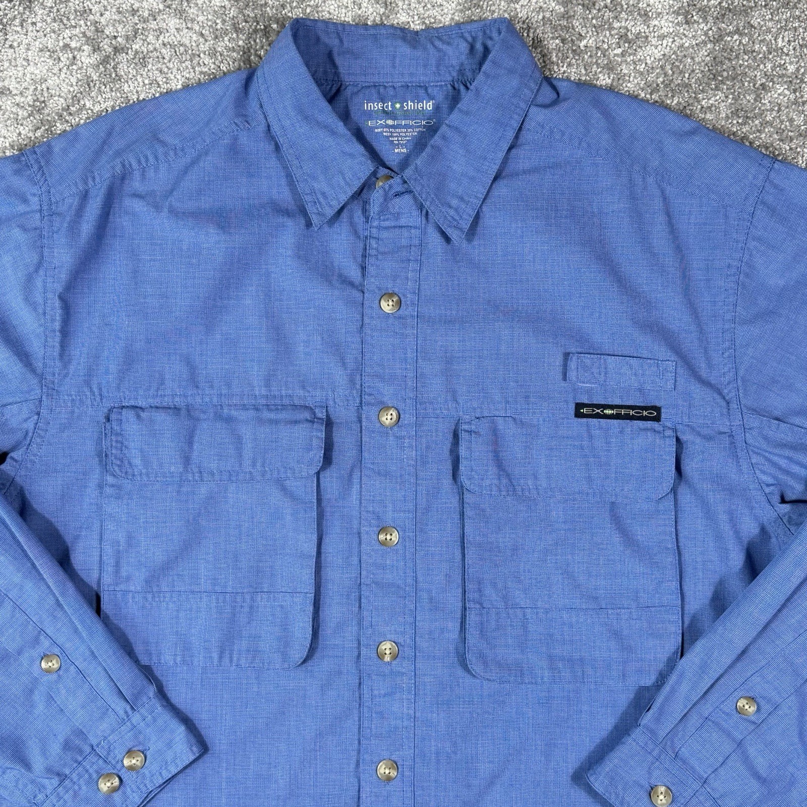 ExOfficio Mens Shirt Insect Shield Roll Tab Sleeve Hiking Fishing Vented Camp Lg