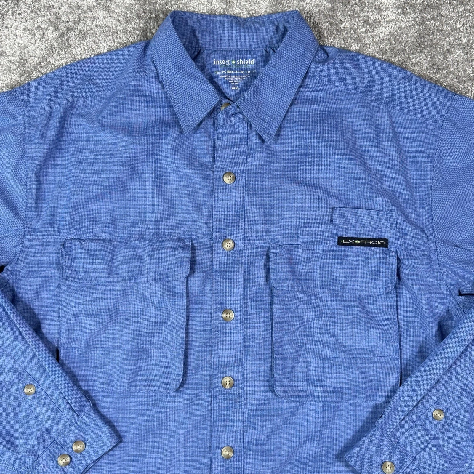 ExOfficio Mens Shirt Insect Shield Roll Tab Sleeve Hiking Fishing Vented Camp Lg