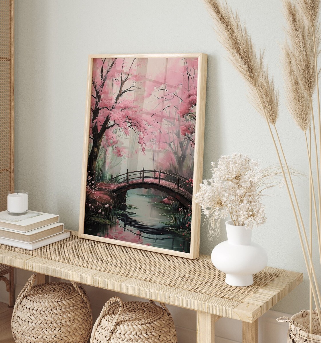 Sakura Tree Art Poster - Japanese Bridge - Pink Cherry Blossom