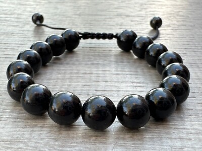 Grade A++ Jet Crystal Adjustable Bead Bracelet 10mm, Genuine Jet Gemstone