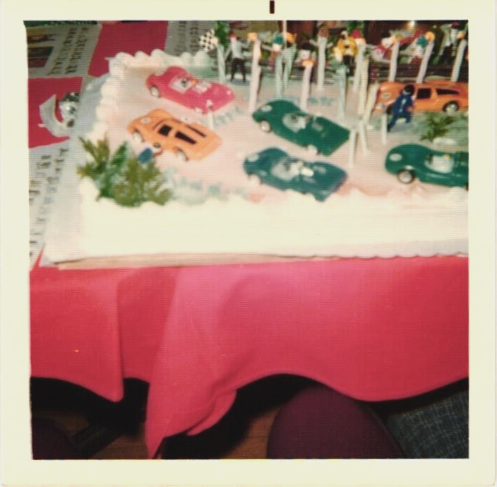 Vintage Color Photo Of A Boy's Birthday Cake - Decorated With Race Cars & Flags