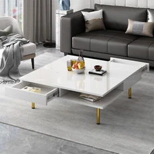 Modern High Gloss Coffee Table Square Center Cocktail Table w/ 2 Storage Drawer