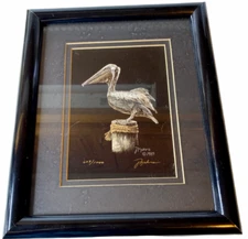 Pelican On Piling Color Etching Signed By Mahra Framed Numbered 609/1000